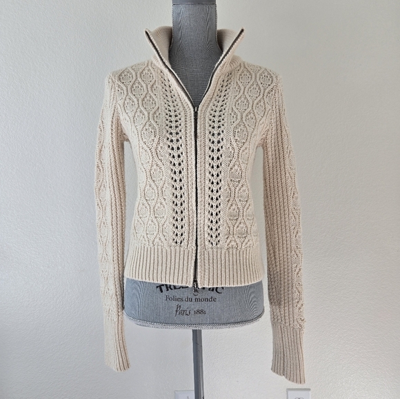LUCKY BRAND Chunky Cable Knit Wool Blend Cardigan Ivory Color Size Medium - Picture 1 of 16